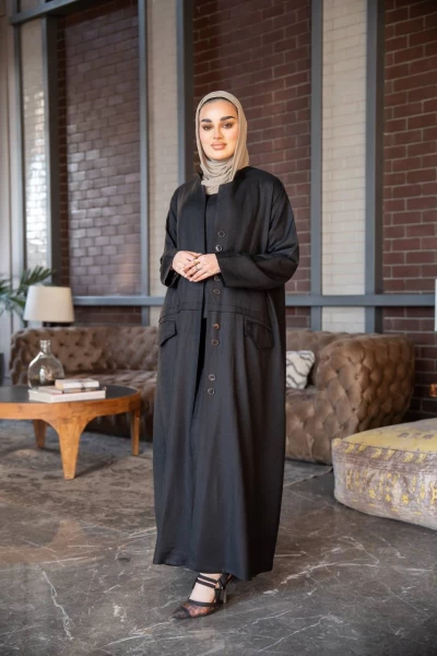 Abaya with an inner set made of natural linen in black C:J1021