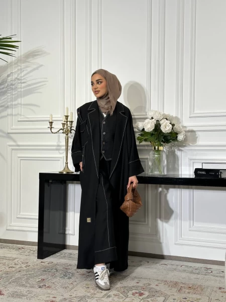 Linen abaya with inner set, black C:J6499 Black set