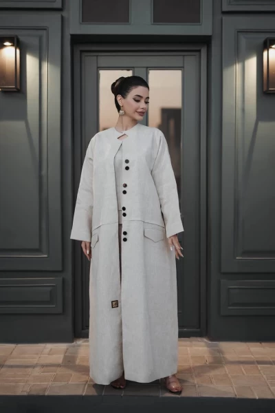 Abaya with inner set, in beige color, made of natural linen C:j1021 Beige set
