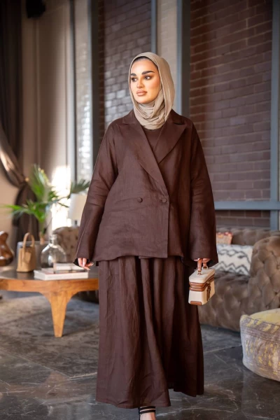 Brown linen dress and jacket set C:J1024