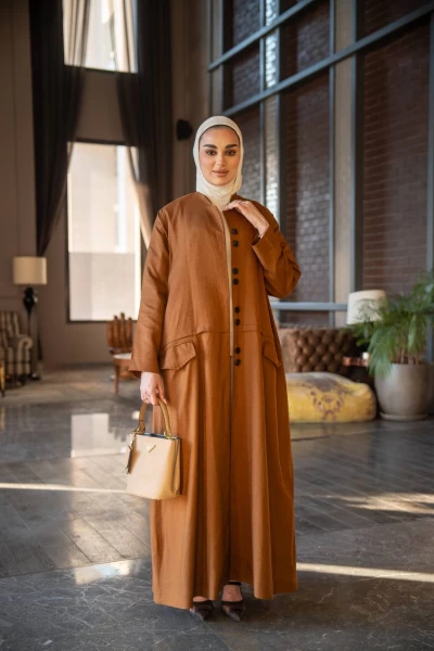 Camel abaya with inner set, linen C:J1021 brown