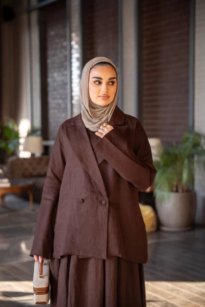 Brown linen dress and jacket set C:J1024