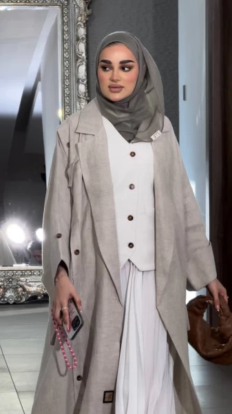Linen abaya with inner set, beige C:6499 Beige Set
