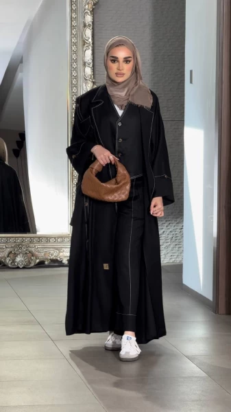 Linen abaya with inner set, black C:J6499 Black set