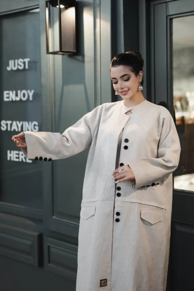 Abaya with inner set, in beige color, made of natural linen C:j1021 Beige set