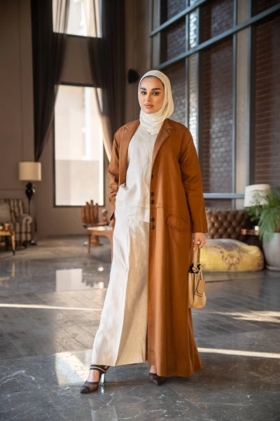 Camel abaya with inner set, linen C:J1021 brown
